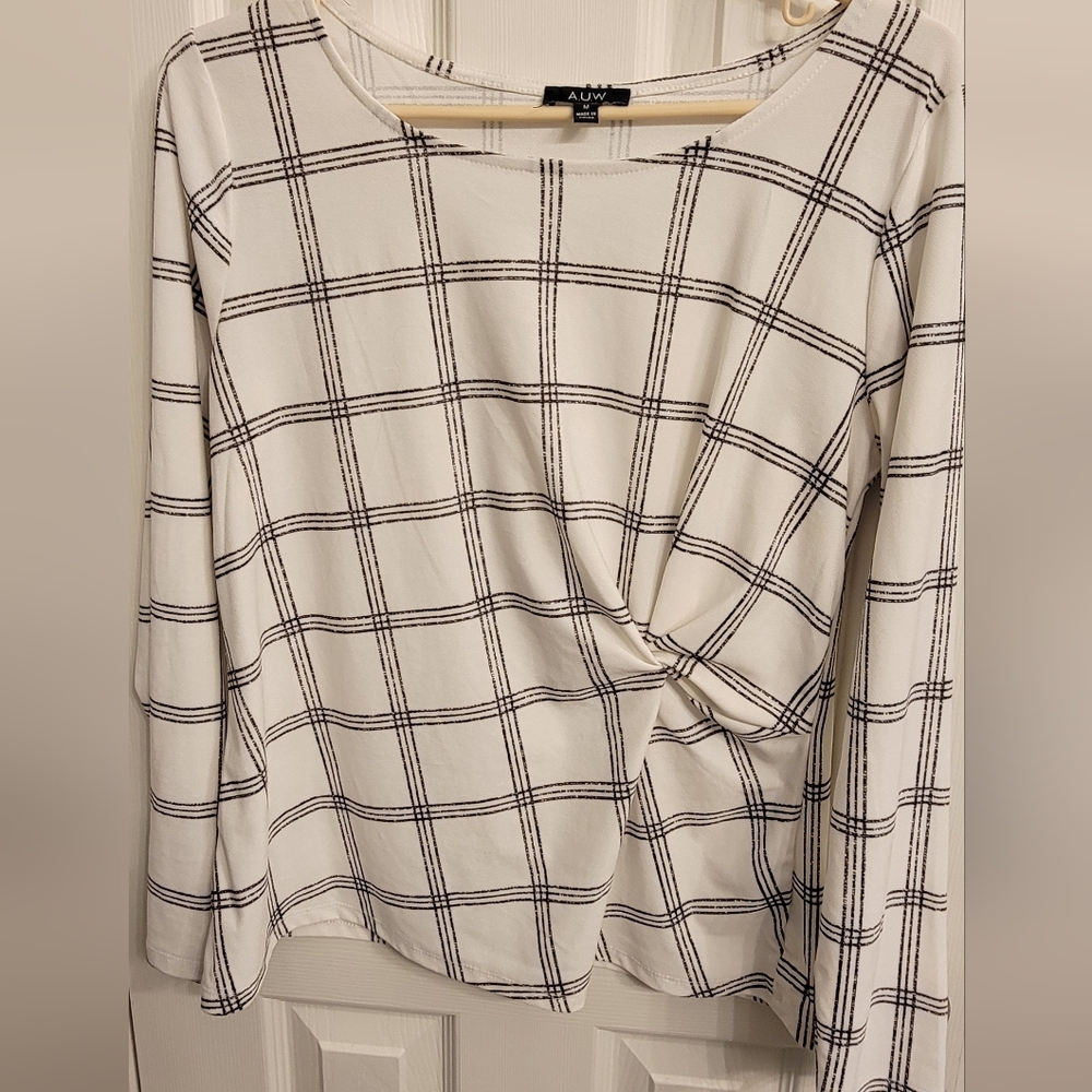 AUW Blouse, M, Off White & Black Plaid Long Sleeve